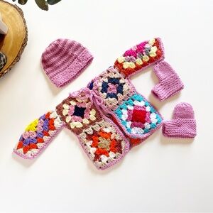Handmade Crochet Granny Square Baby Set | Cardigan / Hat / Booties